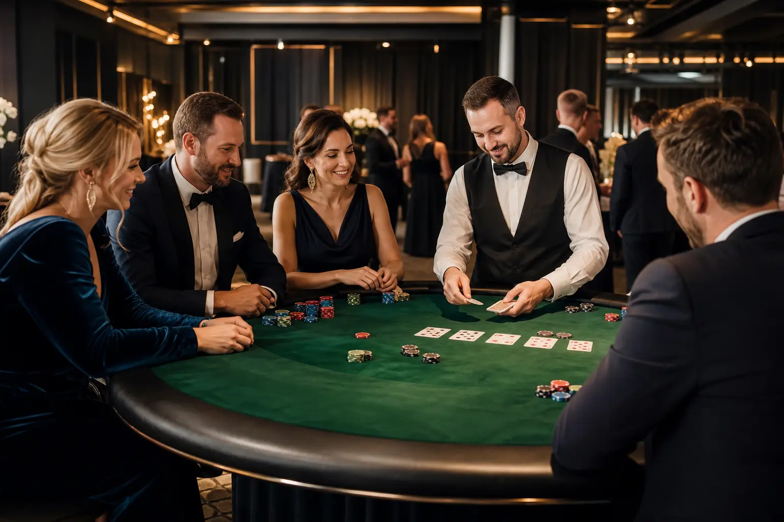 Goście przy eleganckim stole rozrywki podczas wieczoru galowego