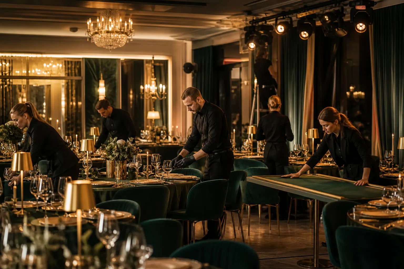 Zespół Velokravion przygotowujący salę restauracyjną na wydarzenie