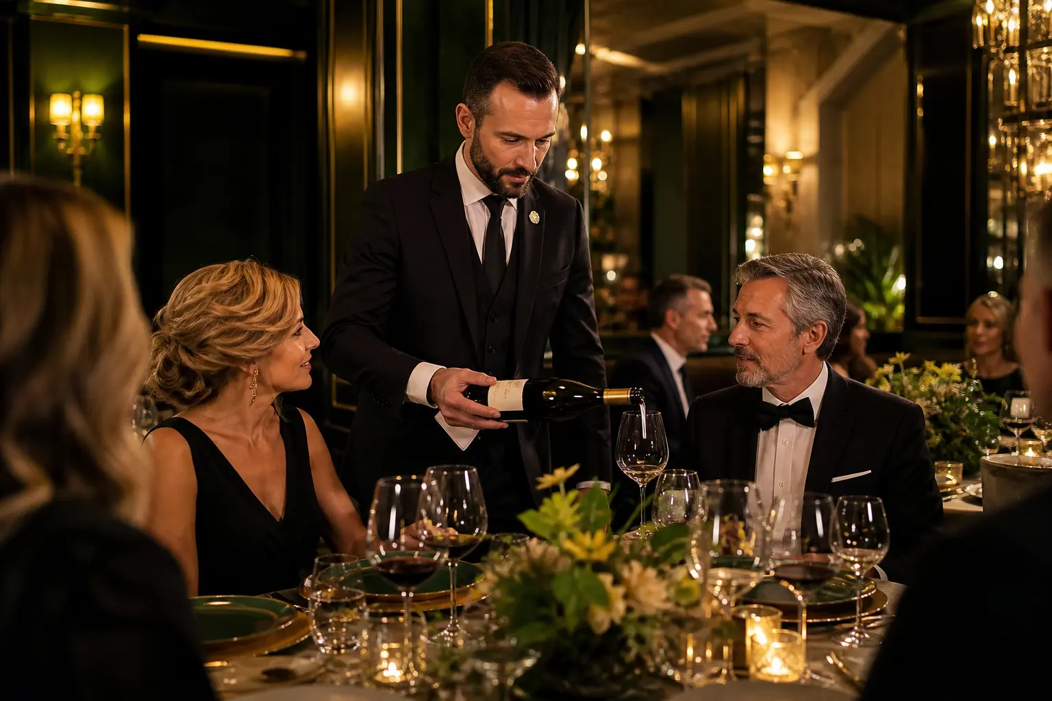 Sommelier serwujący wino gościom eleganckiego bankietu