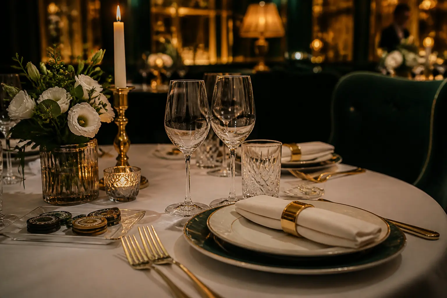 Elegancko nakryty stół restauracyjny z detalami serwisu