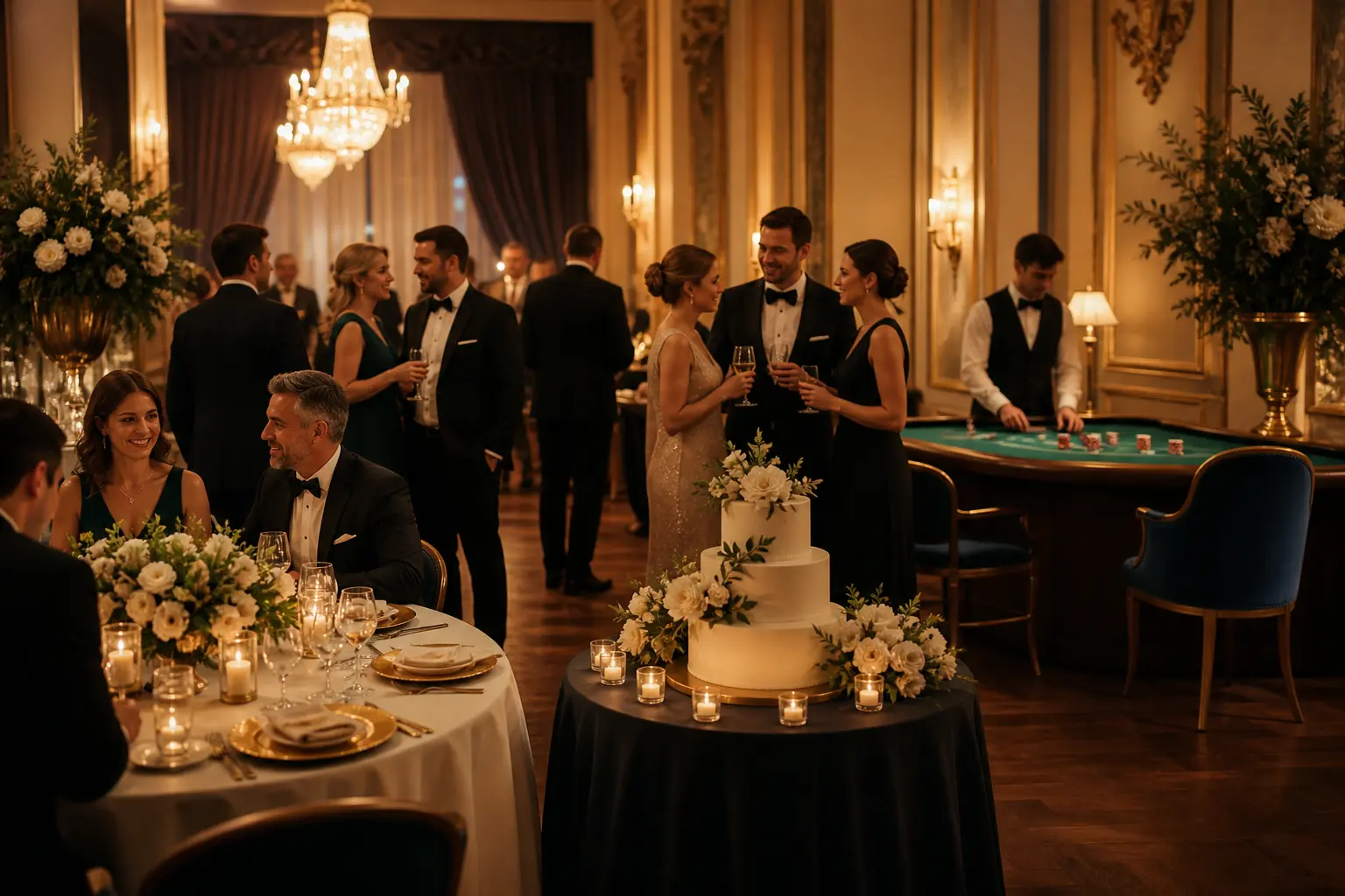 Goście weselni w eleganckiej sali przy dekoracyjnych stołach